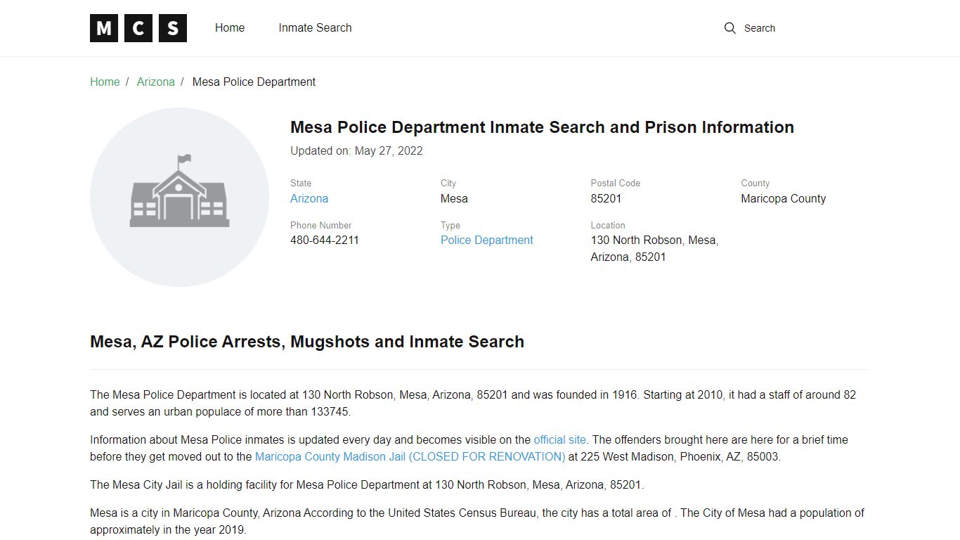 Mesa Police Department Inmate Search and Prison Information